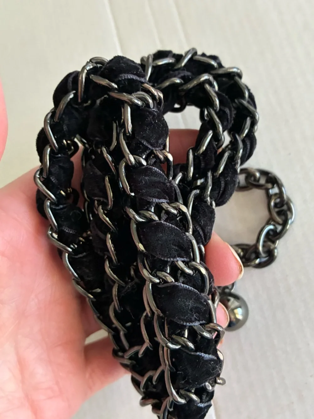 Gunmetal & black velvet Rope Chain‎ Belt Y2K Lariat Adjustable Statement vintage